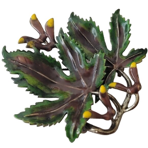 Vintage Green Brown Enamel Sycamore Maple Leaf, Seed Brooch Pin E639 - Picture 1 of 6